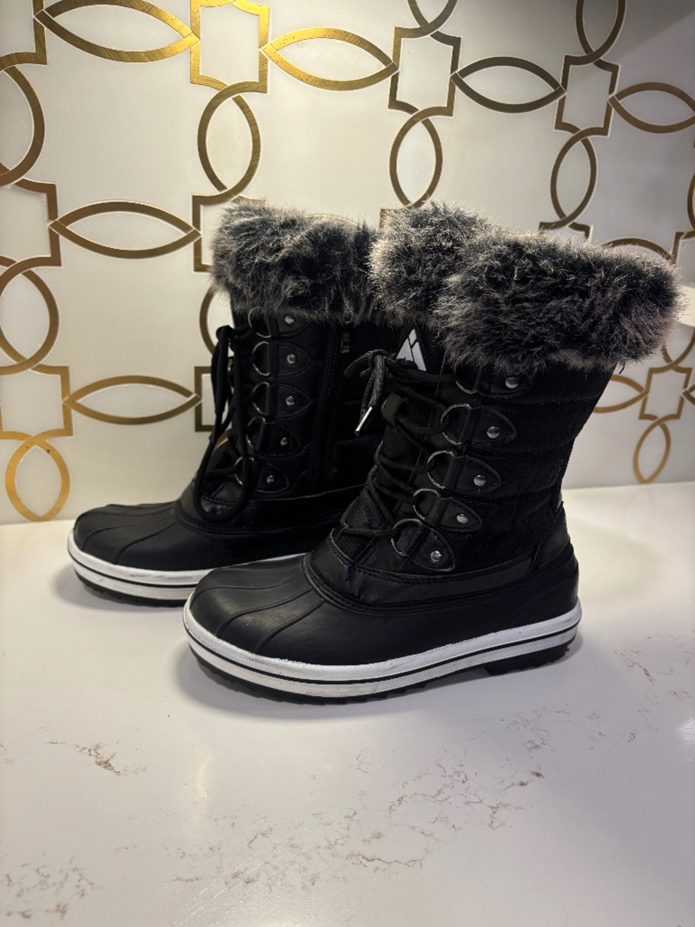 Mishansha Women's High quilted canvas waterproof faux fur lined snow boots Sz 8
